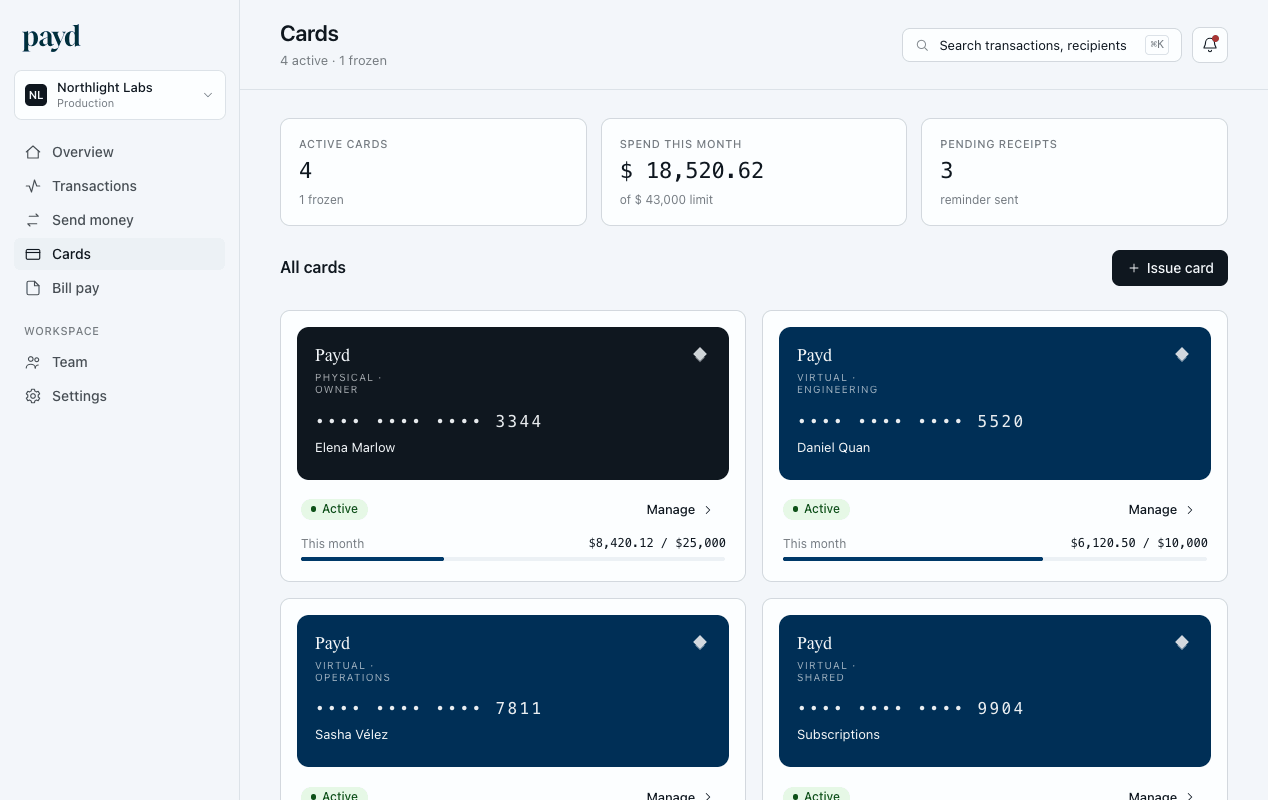 Payd cards and expenses view with per-category spending limits